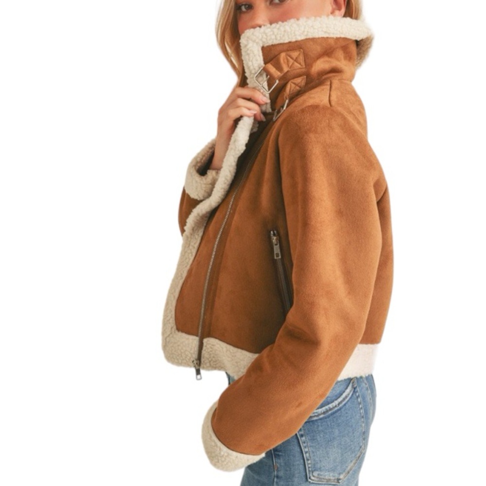 NEW FAUX SHERPA SUEDE BIKER JACKET - CAMEL - Picture 7 of 7